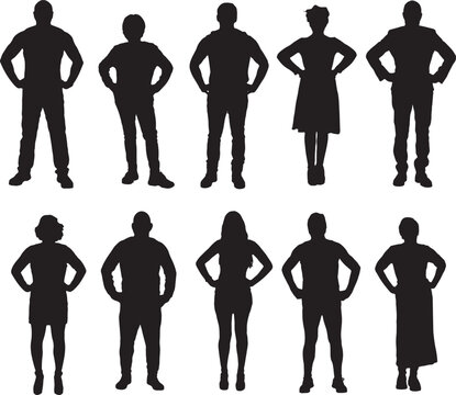 vector,front view of a silhouette group of people standing and arms akimbo