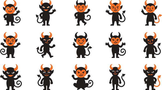 A collection of cute cartoon devil characters with various expressions and poses isolated on a white background for design