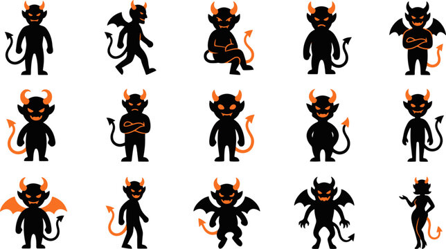 A collection of various devil character silhouettes featuring different poses and expressions for halloween designs and creative graphic projects