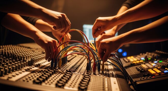 Action shot of multiple patch cables being plugged in simultaneously into a mixing desks patchbay during a soundcheck.