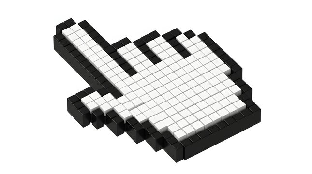 Pixelated hand computer mouse cursor pointer icon representing a digital selection tool for web navigation isolated on a clean white background isolated on white background