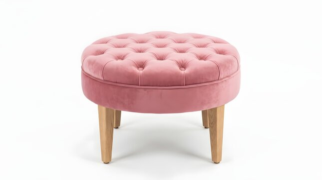 Velvet ottoman footstool with tufted button details and wooden legs for modern living room home interior decor isolated on white background isolated on white background