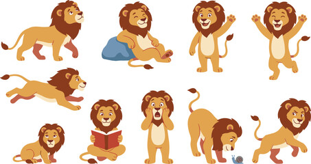 Cute cartoon lion character vector bundle with diverse mascot expressions actions reading running waving scared and resting poses isolated on white background © MdSaddam