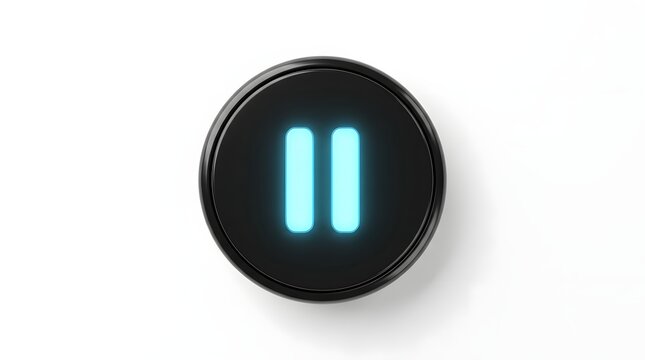 Pause button with glowing light blue vertical bars isolated on a white background for media player interface design and digital control application isolated on white background