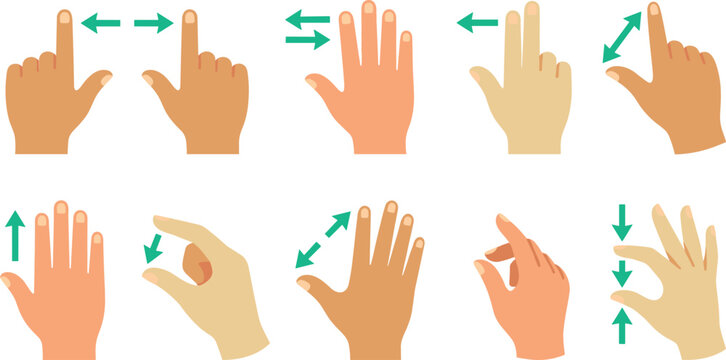 Touchscreen hand gestures vector set featuring multi-touch skin tones swipe scroll pinch zoom drag and tap movement indicator icons isolated on white background