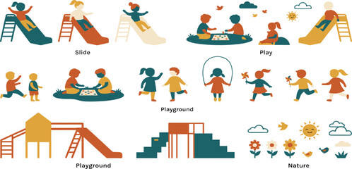 Naklejka premium Children Playing at Playground Icon Set Featuring Slides, Skipping Rope, Board Games, and Nature Elements for Kids Activity Graphic Designs