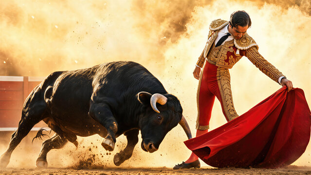 Matador facing a charging bull in a Portuguese bullfight arena. Traditional spectacle featuring a brave man with a red cape. Cultural performance and historical animal encounter event.