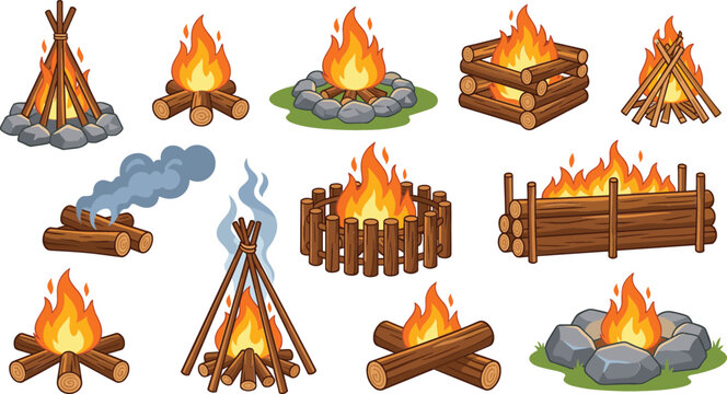 Campfire and bonfire vector icon collection featuring various wood structures logs flames smoke rocks and outdoor camping fire designs isolated on white background