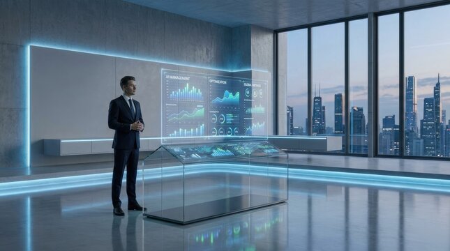 Executive analyzing holographic data in office. Businessman using futuristic digital interface for business analytics.
