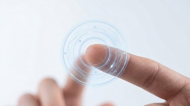 Fingertip touching digital holographic interface. Futuristic technology interacting with virtual data.