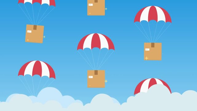 many carton box packages fall on on sky. Shopping order delivery theme