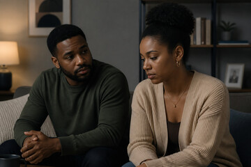 Obraz premium A man and a woman are sitting together, engaged in an intense conversation indoors.