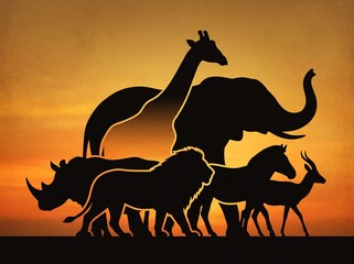 Fototapeta premium African Safari Animals Silhouette Sunset