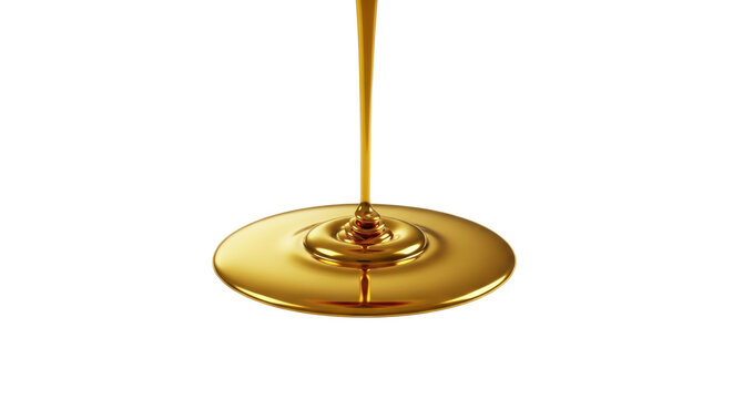 A stream of thick golden liquid pouring into a perfect reflective puddle on a minimalist white background, concept of liquid assets and growth