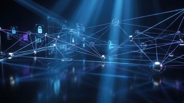 Futuristic digital network connection. Cyber security data protection with glowing nodes.