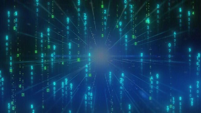 Light rays emanate from a central bright point through a cascading curtain of falling blue digital numbers.