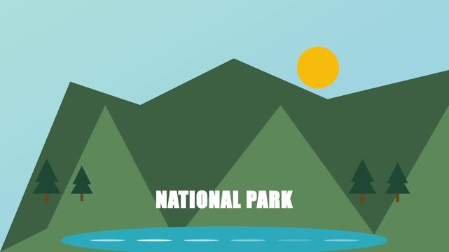 National park flat animation with mountains and lake landscape 4k