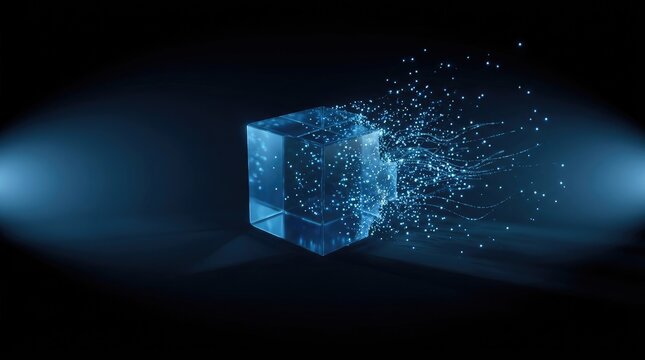 Glowing blue cube dissolving into particles. Abstract digital transformation of geometric shape.