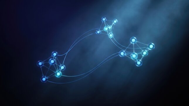 Glowing molecular structures on dark background. Abstract scientific visualization of chemical bonds.