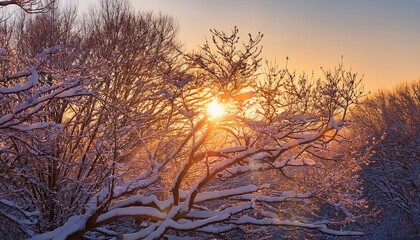 Obraz premium Warm Golden Sunset Glowing Through A Tangle Of Bare Snow Dusted Tree Branches At Dusk Quiet Winter Landscape With Soft Backlight Frosty Detail And A Tranquil Atmospheric Mood