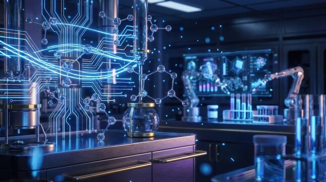 Futuristic laboratory with glowing chemical structures. Advanced scientific research facility with digital data.