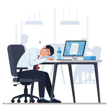 Exhausted Office Worker Slouches Over Desk Feeling Burned Out And Overwhelmed At Work