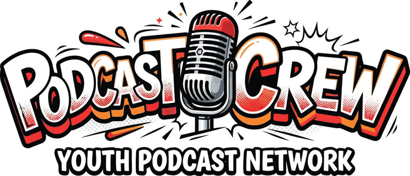 Podcast crew youth podcast network retro comic style logo with microphone