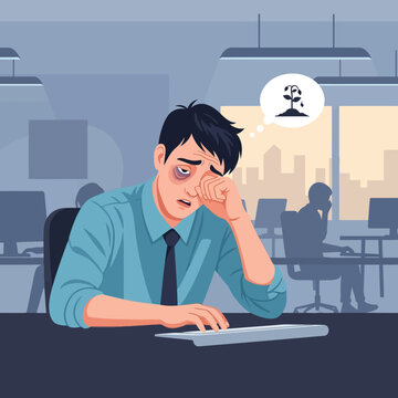 Exhausted Businessman Rubbing Tired Eyes At Office Desk Daydreaming Growth