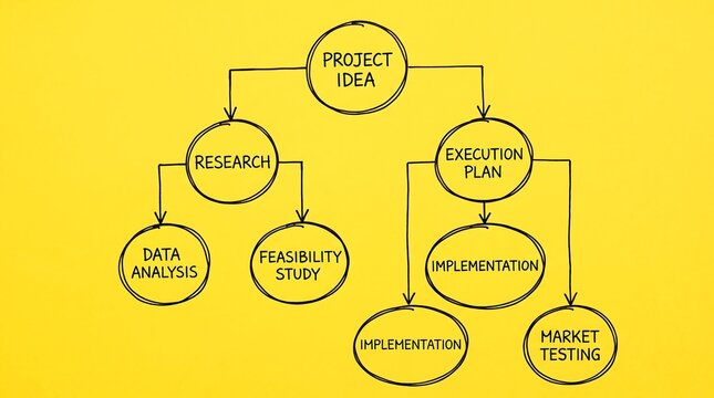 Hand-drawn project idea flowchart on yellow background, business strategy mind map, organizational process diagram for execution and research