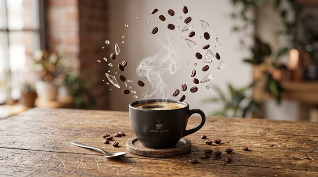 Steaming cup of hot coffee on rustic wooden table with floating beans and steam forming magical swirl, morning caffeine ritual and aromatic beverage concept for cafe menu or lif...