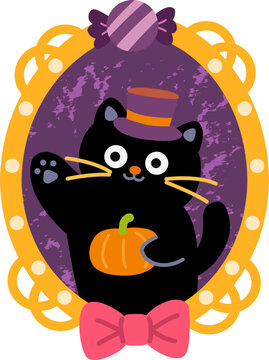 Cute Halloween Black Cat with Top Hat and Pumpkin in Frame