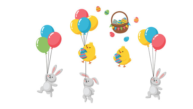 Whimsical easter characters including little bunnies and yellow chicks flying in the air with bright colorful balloons.