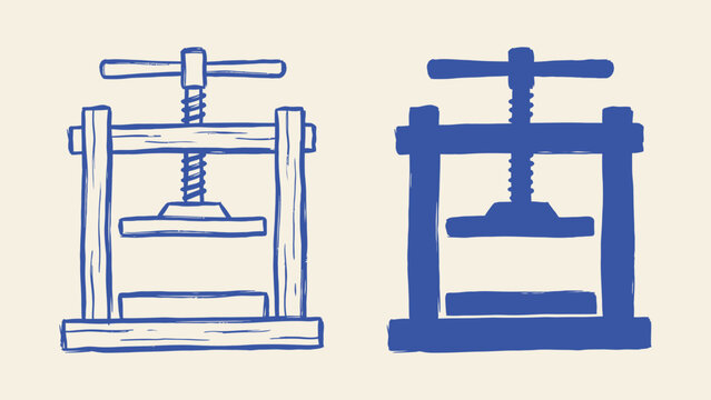 Vintage printing press vector icons in outline and solid hand-drawn styles for publishing and bookbinding design