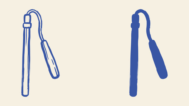 Blue hand drawn nunchaku vector illustration set with outline and silhouette styles for martial arts design