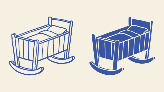Baby rocking cradle vector illustration set in linocut style with outline and solid designs for nursery and newborn themes
