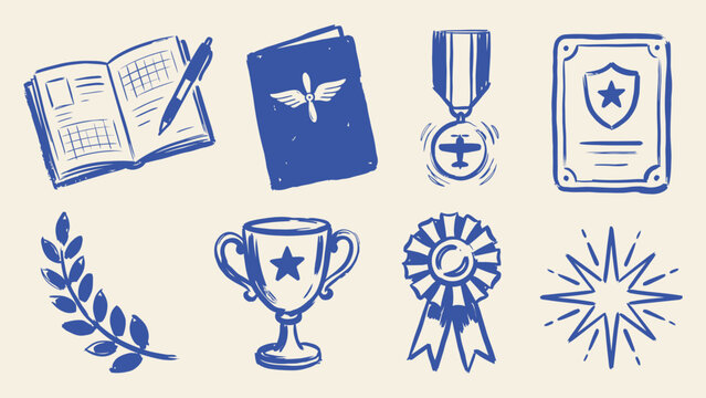 Hand drawn aviation achievement and pilot award icons set featuring logbook trophy medal and certificate vector illustration