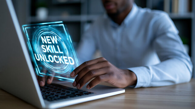 Faceless man using a laptop with a glowing "new skill unlocked" icon, gamified learning and career development, with copy space