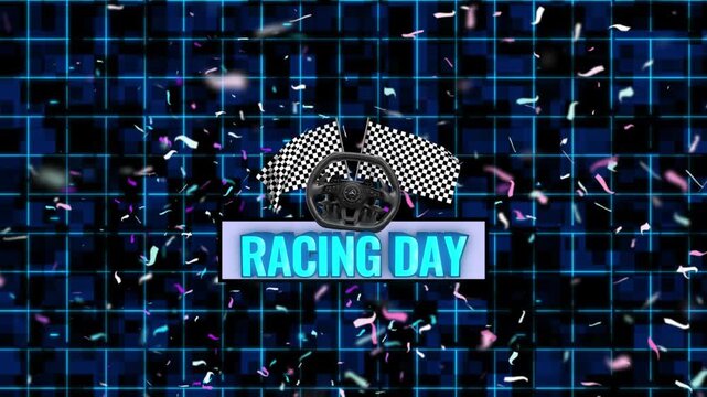 Racing day text overlay features a steering wheel and checkered flags set against a dark blue digital grid background.