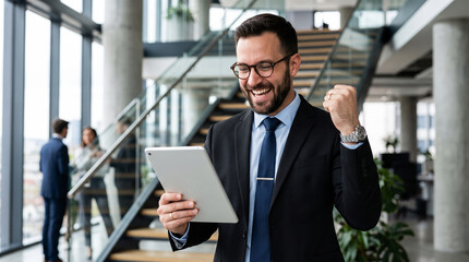 Fototapeta premium Joyful Caucasian Businessman Celebrating Success with Digital Tablet in Modern Corporate Office