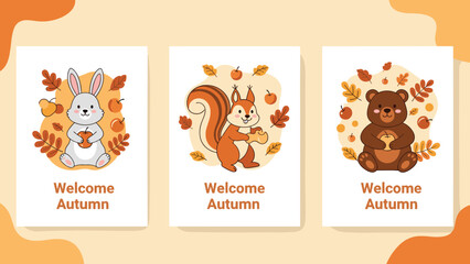 Fototapeta premium Three autumn themed cards featuring a cute rabbit squirrel and bear with apples and falling leaves in warm colors.