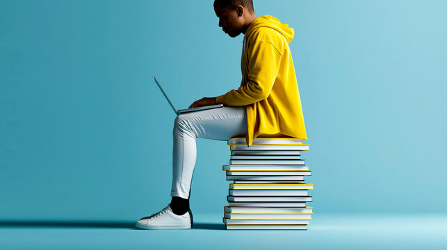 Faceless man with a laptop sitting on a stack of books, creative collage style, education and knowledge concept, with copy space