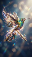 Obraz premium Hummingbird flying with an ornate vintage key