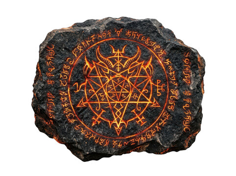 Magical rune stone with glowing pentagram and demon symbols isolated on transparent background. Occult and ritual.