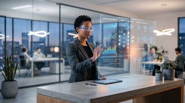 African businesswoman wearing smart glasses interacting with futuristic transparent touchscreen interface, revenue projections and network diagrams, innovation in high-tech corp...