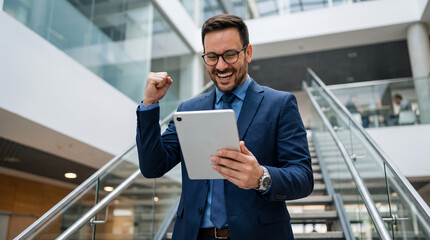 Fototapeta premium Joyful Caucasian Businessman Celebrating Success with Digital Tablet in Modern Corporate Office