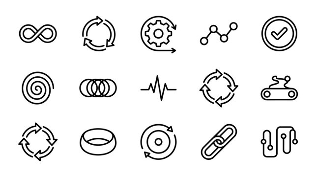 Continuous Integration and DevOps Process Lifecycle Line Icon Set with Infinity Loop, Conveyor and Chain Link