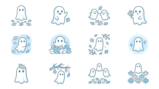 Cute blue ghost icons with autumn leaves.
