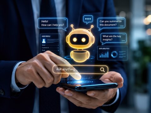 Businessman interacting with a futuristic ai chatbot interface on a smartphone screen