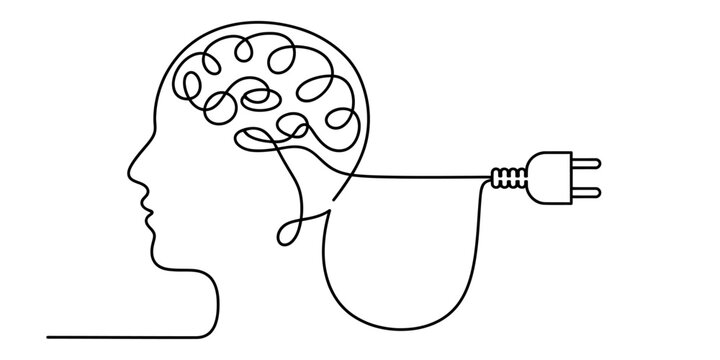 Continuous line drawing of a human head with brain plug