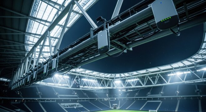 Lowangle perspective of advanced wireless access points installed in stadium roof trusses for uninterrupted internet throughout event spaces.